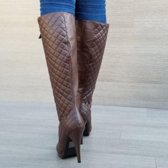 Brown Quilt Knee High Platform Boots - Picture 4 of 11